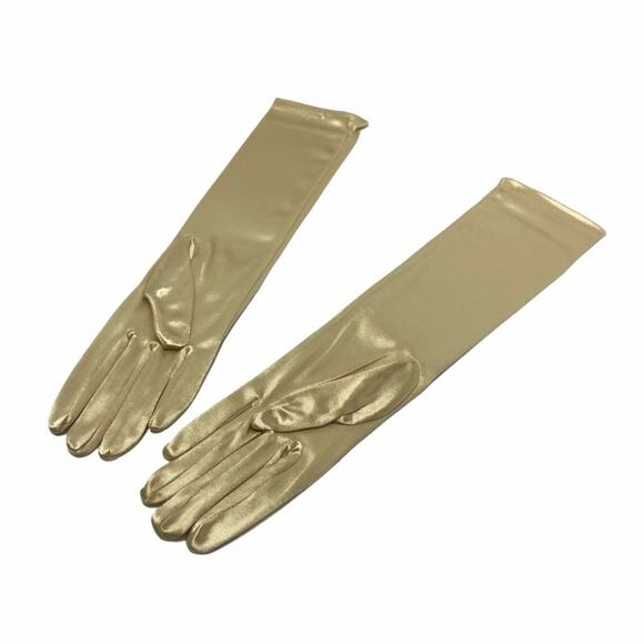 VINTAGE 15" Length 90's Gold Satin Gloves Stretchy Elbow D09 - Picture 2 of 4